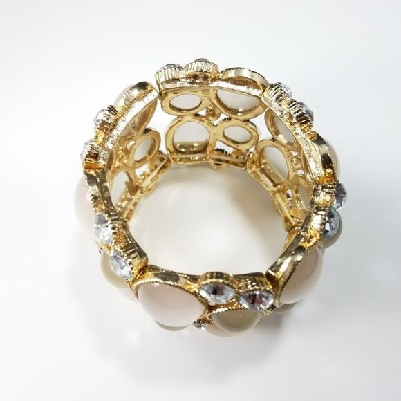 Rhinestone Stretch Bracelet, Wide Frosty Cream, 8 Inches, Gold Tone - Picture 9 of 10